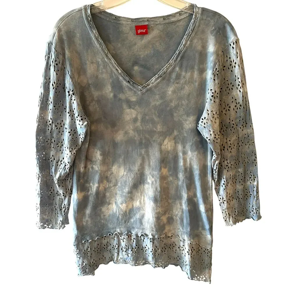 Glima Mineral Washed Knit Top Womens XL Light Blue Eyelet Sleeves Trim Boho Tee